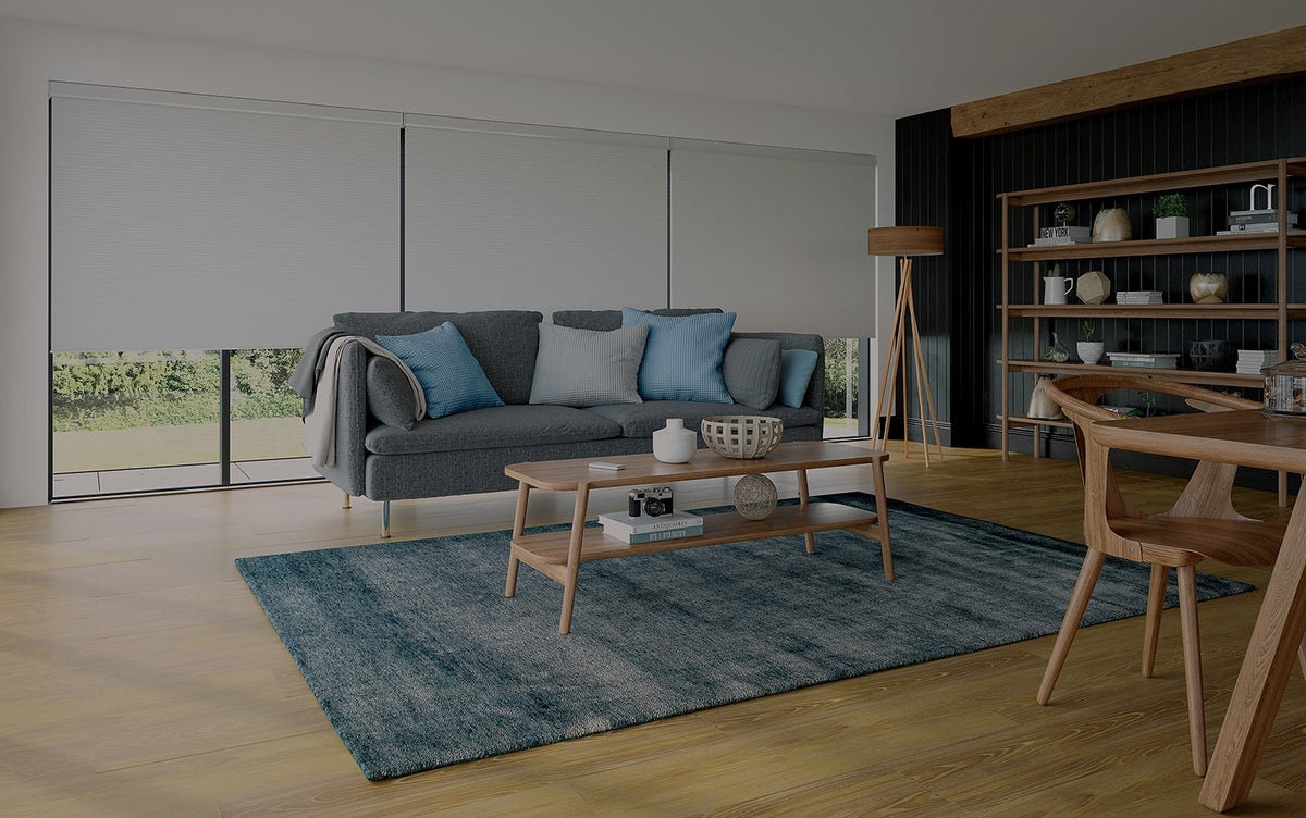 Roller blinds in an open-plan living space