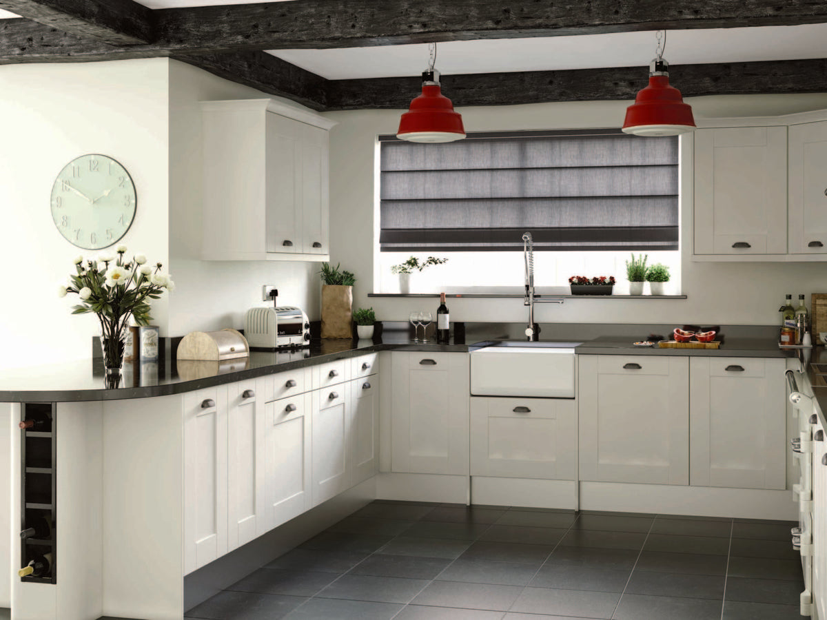 Graphite Roman blind in a kitchen