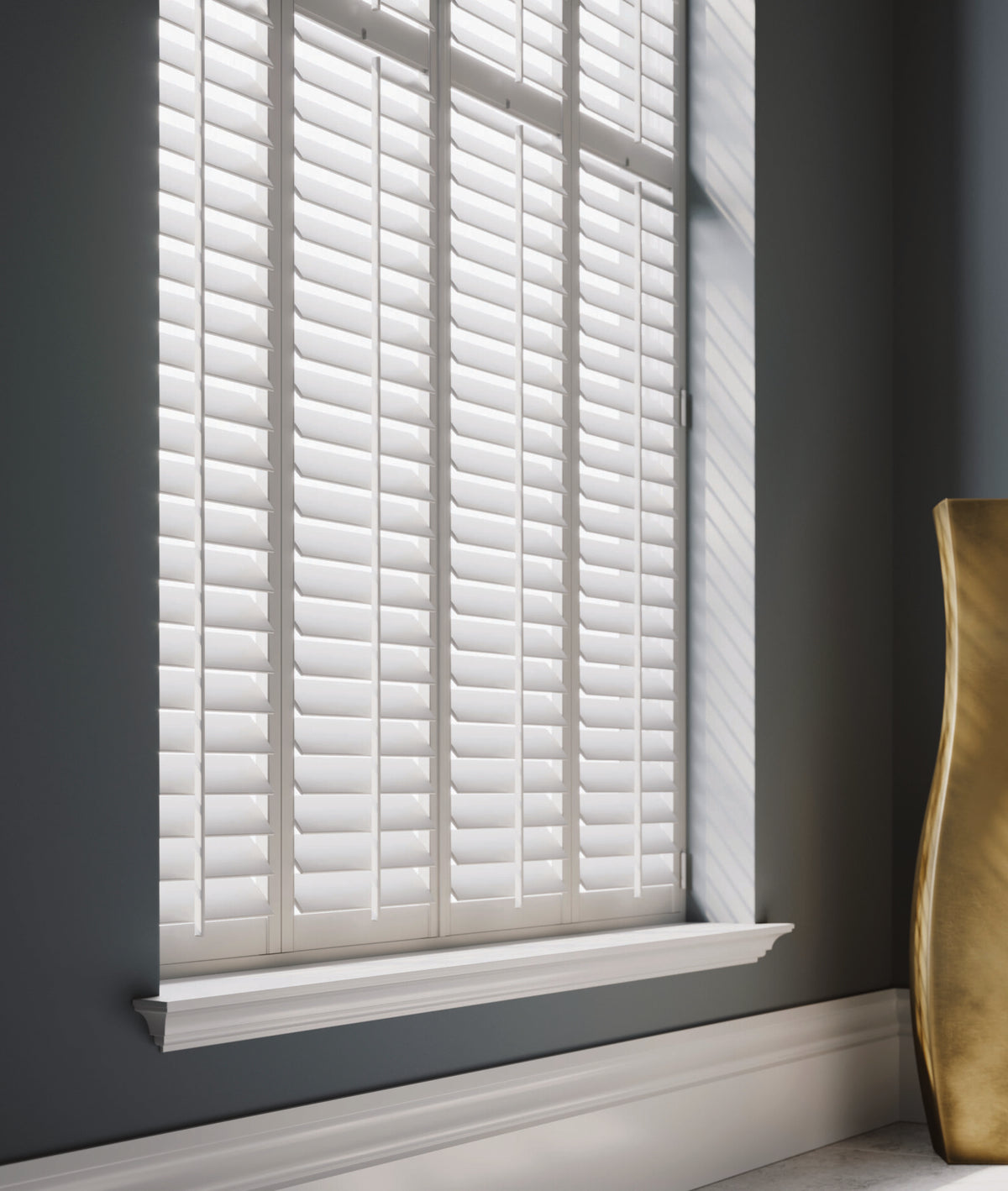 White full height shutters with 89mm louvres