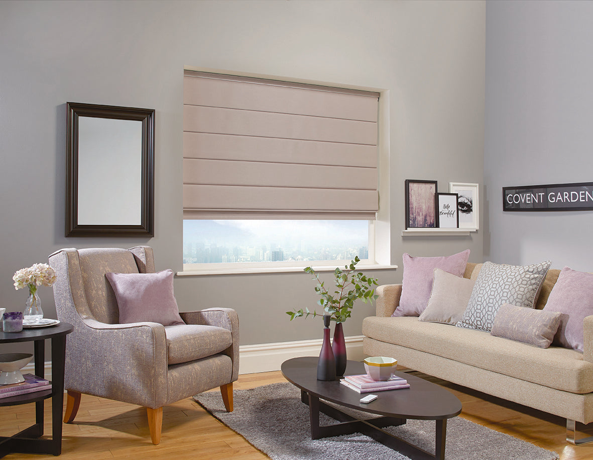 Shot-silk Roman blind in a living room