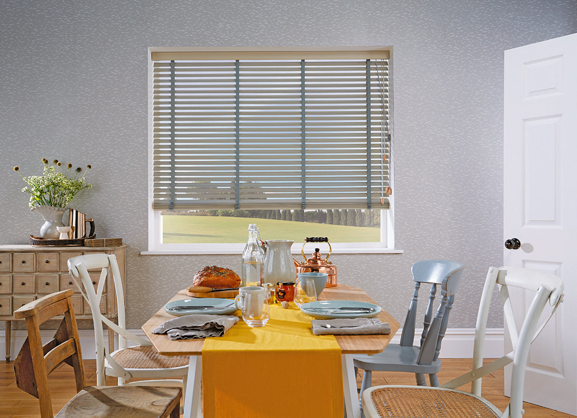 Ash wooden Venetian blinds in a dining room