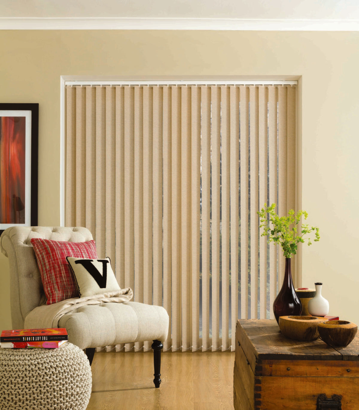 Parchment vertical blinds in a living room